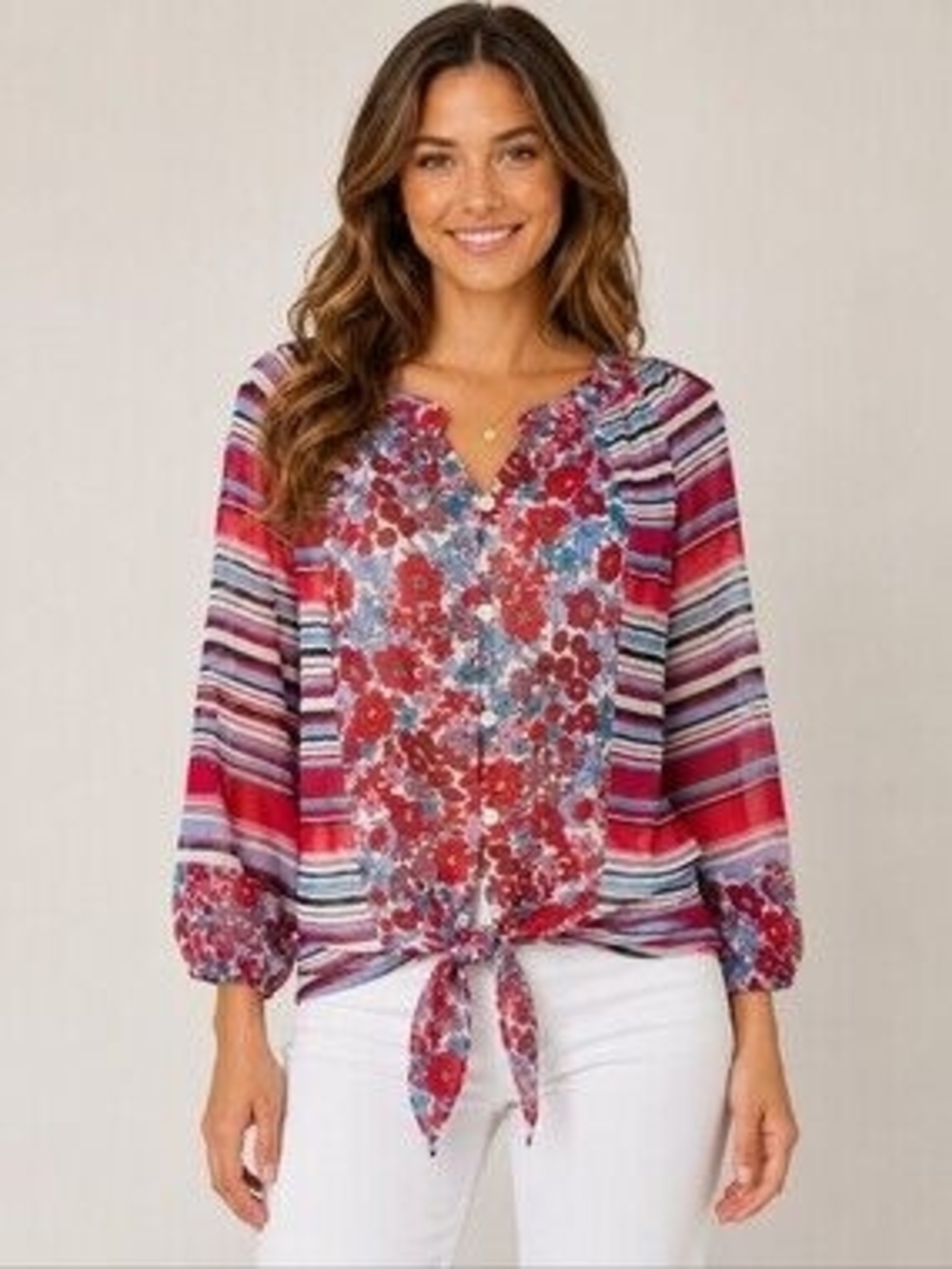 Fig and Flower PL Floral Stripe Tie Front Boho Blouse Red Blue